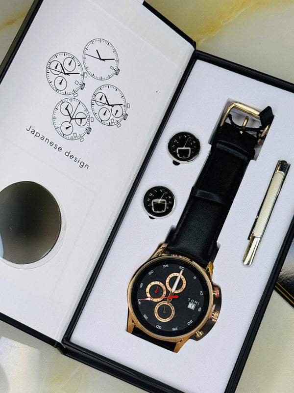 BOGOSS® & TOMI™ - ORIGINAL - BRACELET CUIR -Boutons de manchette et épingles à cravate pour montre chronographe d'affaires de luxe TOMI T-601 S6 Series