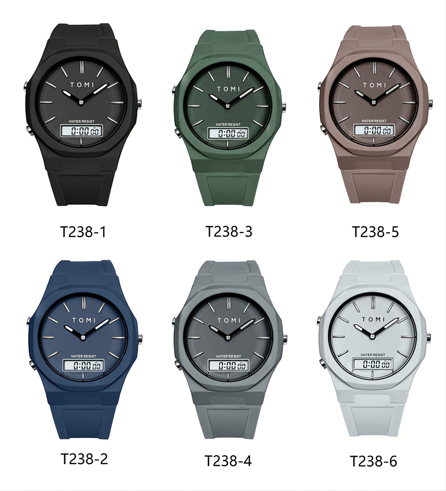 BOGOSS® & TOMI™ - ORIGINAL - BRACELET SPORT -SILICONE -Montre de sport TOMI T-238 à double fuseau horaire