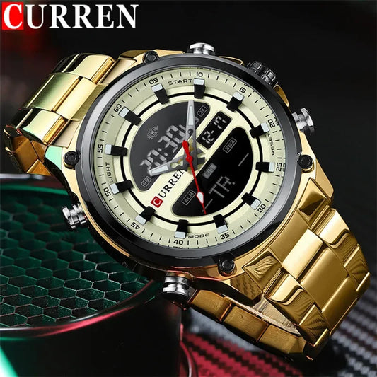 CURREN Montre Sport Homme  – Montre de Luxe en Acier Inoxydable Or, Militaire, Affichage LED, Quartz