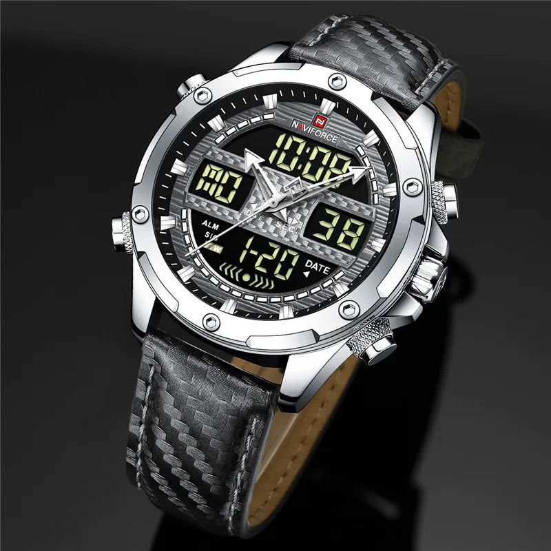 NAVIFORCE Montre de Luxe Homme – Quartz, Digital, Résistante à l'eau, Bracelet en Cuir Véritable, Modèle Militaire