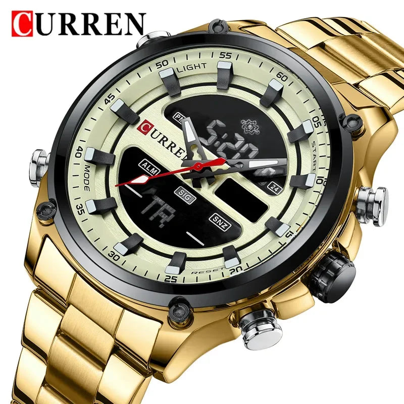 CURREN Montre Sport Homme  – Montre de Luxe en Acier Inoxydable Or, Militaire, Affichage LED, Quartz