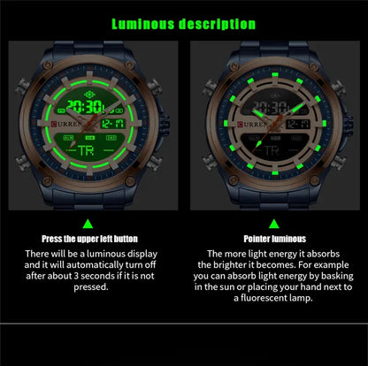 CURREN Montre Sport Homme  – Montre de Luxe en Acier Inoxydable Or, Militaire, Affichage LED, Quartz