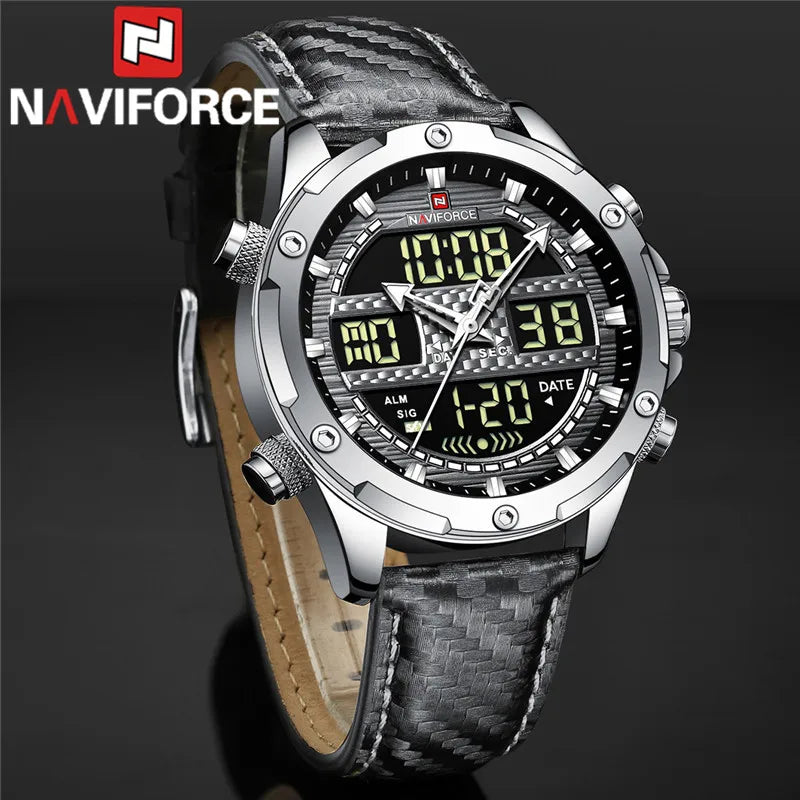 NAVIFORCE Montre de Luxe Homme – Quartz, Digital, Résistante à l'eau, Bracelet en Cuir Véritable, Modèle Militaire