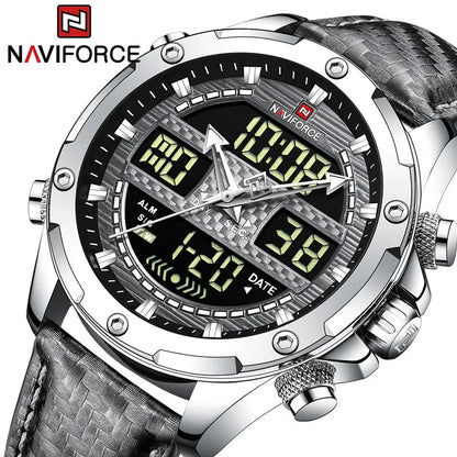 NAVIFORCE Montre de Luxe Homme – Quartz, Digital, Résistante à l'eau, Bracelet en Cuir Véritable, Modèle Militaire