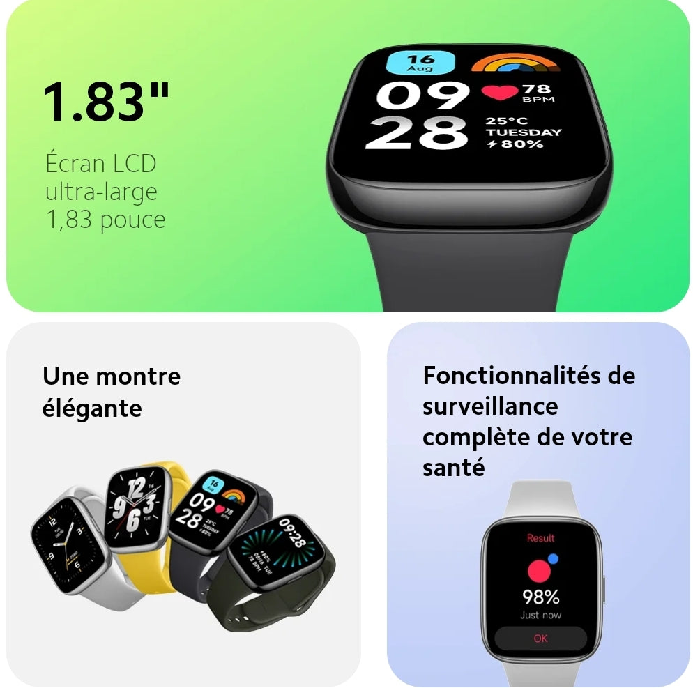 BOGOSS & Xiaomi Redmi Watch 3 Active, Appel, SMS- Étanche IP68, Suivi de Santé et Activités, Écran HD, Gris