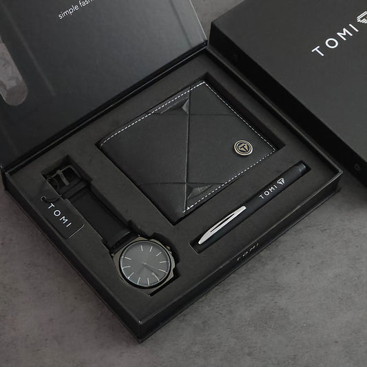 BOGOSS® & TOMI™ - ORIGINAL - BRACELET CUIR- Portefeuil - stylo - Coffret cadeau montre personnalisée TOMI série S8 T-084 avec portefeuille et stylo à quartz